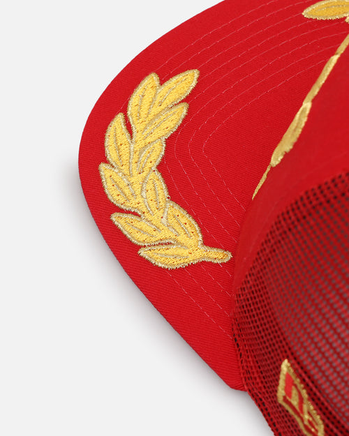 New Era Los Angeles Dodgers 'Podium Pack' Pre-Curved Golfer Trucker Snapback Scarlet/Metallic Gold