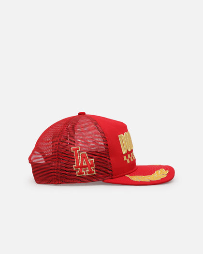 New Era Los Angeles Dodgers 'Podium Pack' Pre-Curved Golfer Trucker Snapback Scarlet/Metallic Gold