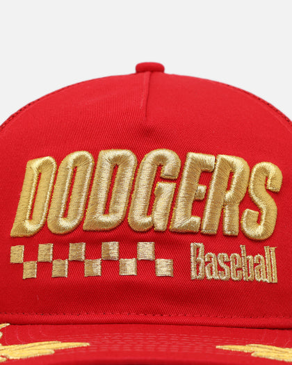 New Era Los Angeles Dodgers 'Podium Pack' Pre-Curved Golfer Trucker Snapback Scarlet/Metallic Gold