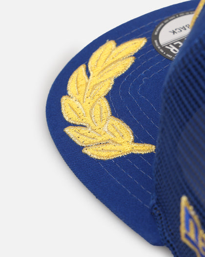 New Era Los Angeles Dodgers 'Podium Pack' Pre-Curved Golfer Trucker Snapback Light Royal/Metallic Gold