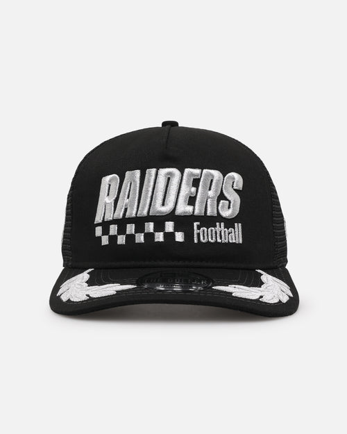 New Era Las Vegas Raiders 'Podium Pack' Pre-Curved Golfer Trucker Snapback Light Royal/Metallic Gold