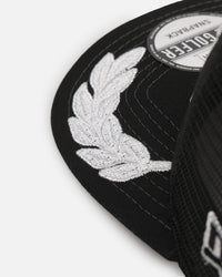 New Era Las Vegas Raiders 'Podium Pack' Pre-Curved Golfer Trucker Snapback Light Royal/Metallic Gold