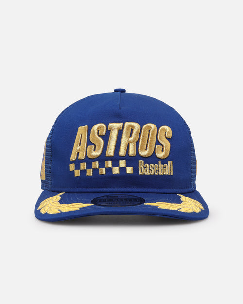 New Era Houston Astros 'Podium Collection' Pre-Curved Golfer Trucker Snapback Light Royal/Metallic Gold