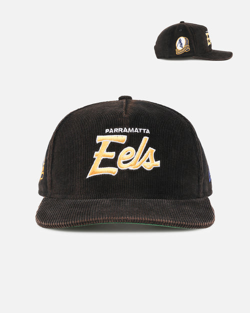 New Era Parramatta Eels 'NRL Golfer Washed Black' Pre-Curved Corduroy Golfer Snapback Washed Black