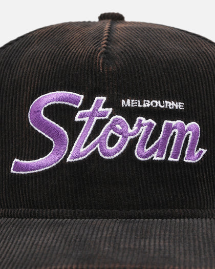 New Era Melbourne Storm 'NRL Golfer Washed Black' Pre-Curved Corduroy Golfer Snapback Washed Black