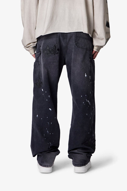 MNML Ultra Baggy Torn Fleur Double Knee Pants Washed Black