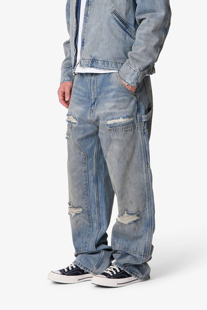MNML Ultra Baggy Distressed Work Denim Vintage Blue
