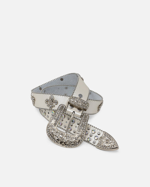 MNML Fleur Studded Rhinestone Belt Off White