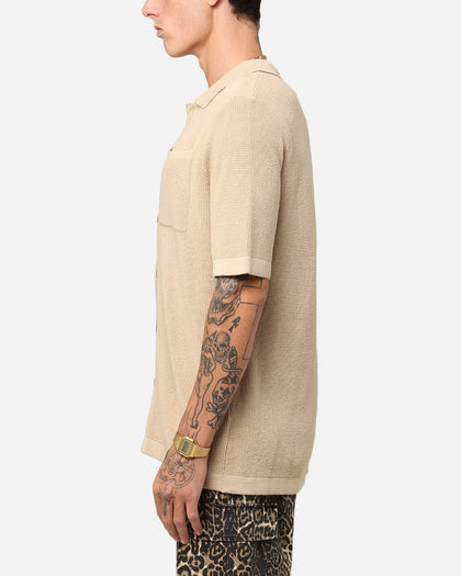XXIII Zyair Knit Rib Button Up Shirt Tan