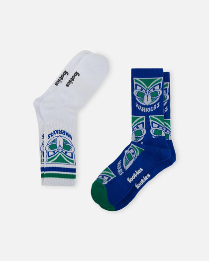 Foot-ies New Zealand Warriors Crew Socks 2 Pack White/Blue