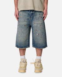 MNML Ultra Baggy Crystal Denim Shorts Blue
