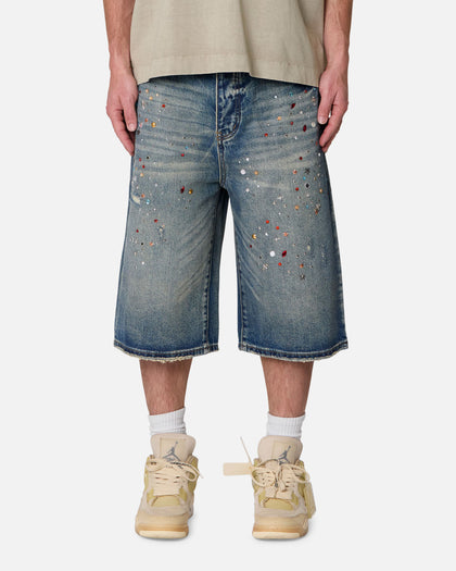 MNML Ultra Baggy Crystal Denim Shorts Blue