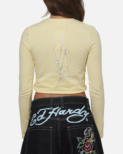 Ed Hardy Women's Cyber Rhinestone Long Sleeve T-Shirt Butter Yellow