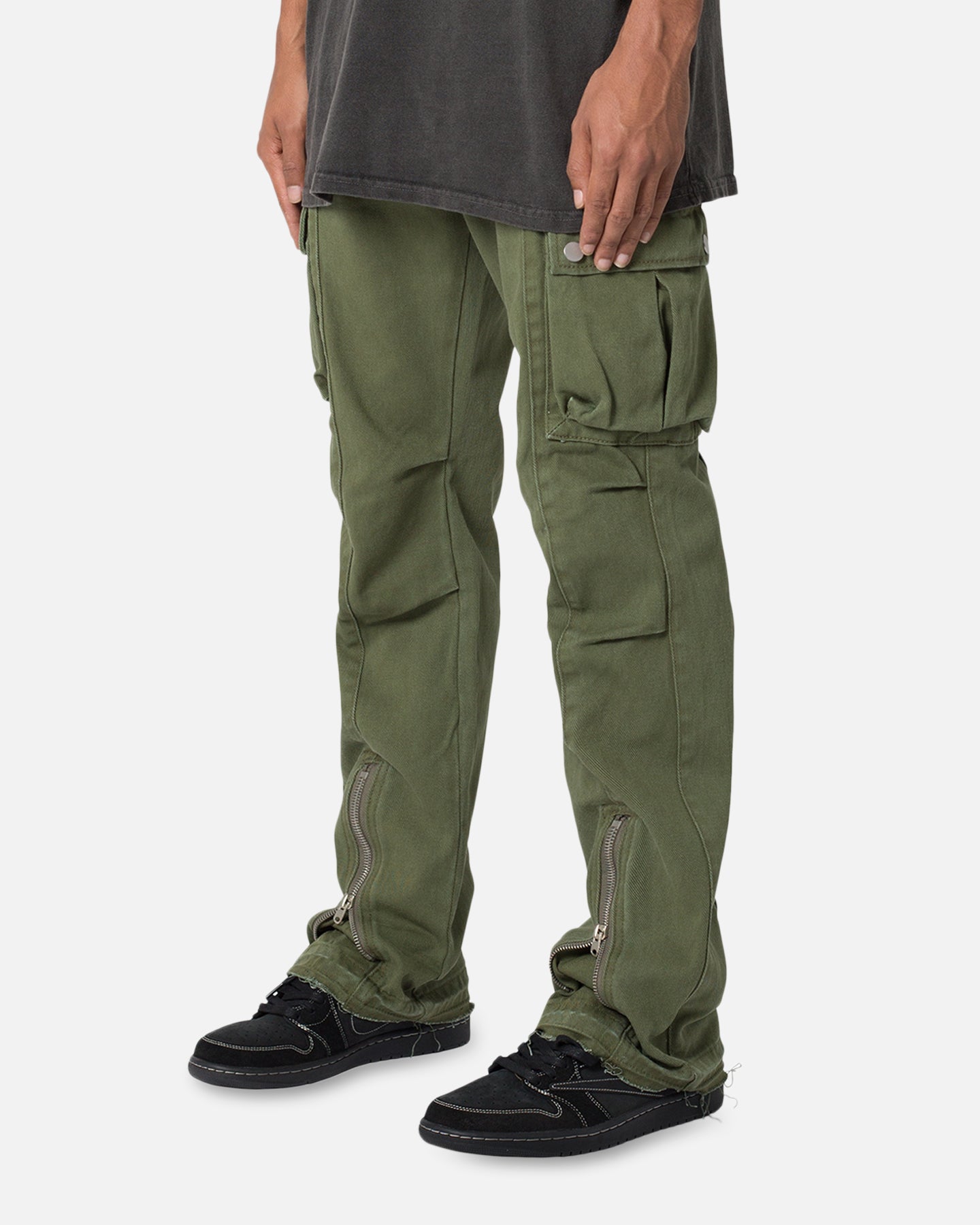 MNML Front Zip Flare Cargo Pants Olive | Culture Kings US