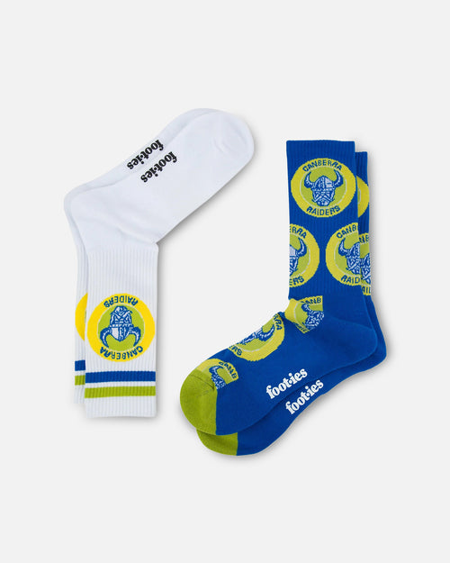 Foot-ies Canberra Raiders Crew Socks 2 Pack White/Black