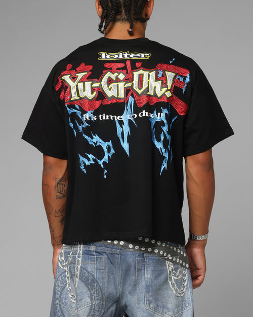 Loiter X Yu-Gi-Oh! Blue Eyes White Dragon Rhinestone T-Shirt Black