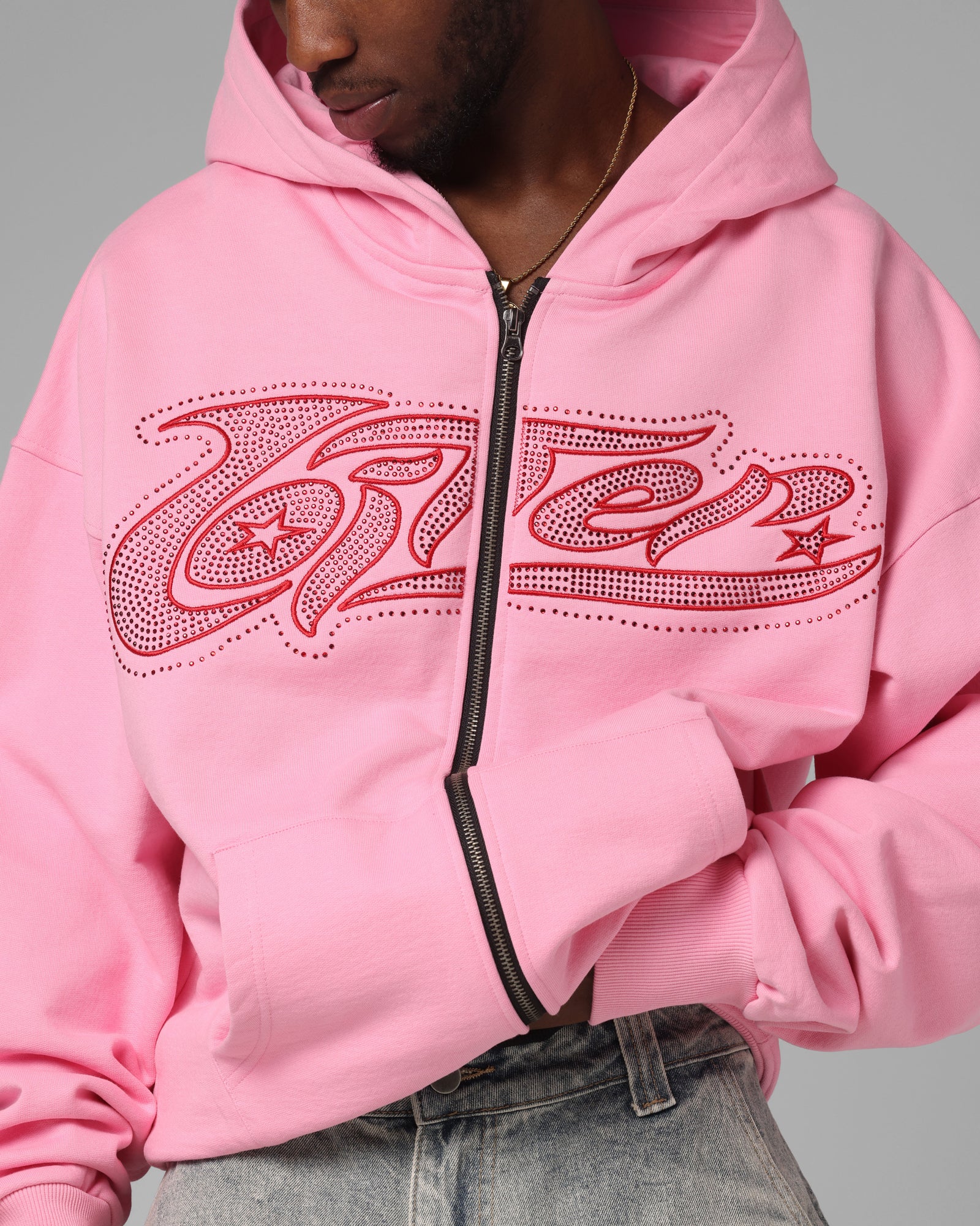 Loiter Silicone Rhinestone Zip Hoodie Pink | Culture Kings US