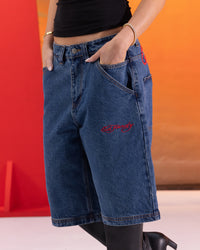 Ed Hardy Women's Death Before Dishonour Jorts Blue Mid Wash