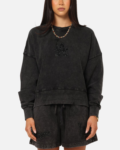 Pro Standard Women's Los Angeles Dodgers Washed Crystaline Crewneck Washed Black