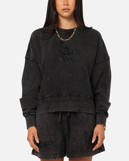 Pro Standard Women's Los Angeles Dodgers Washed Crystaline Crewneck Washed Black