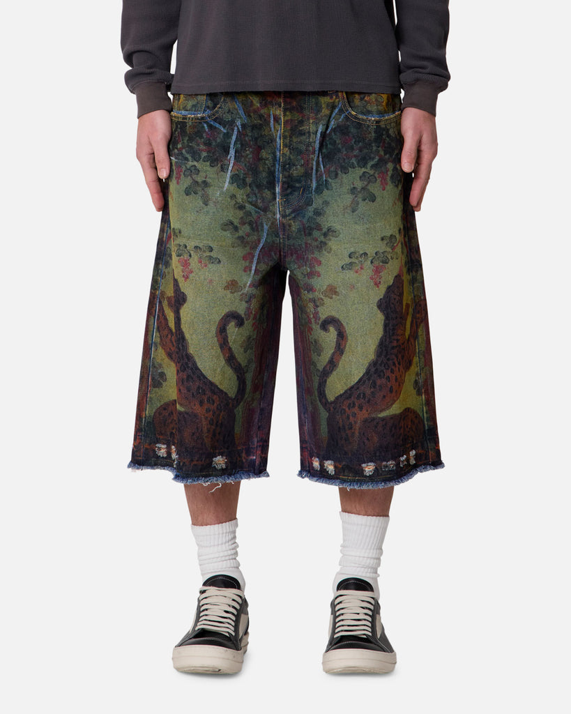 MNML Ultra Baggy Leopard Denim Shorts Multi | Culture Kings US