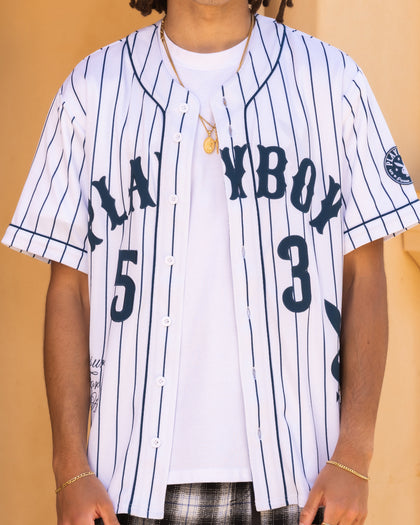 Playboy By Culture Kings Bunny Baseball Shirt Jersey White/Navy