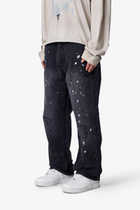 MNML Ultra Baggy Torn Fleur Double Knee Pants Washed Black