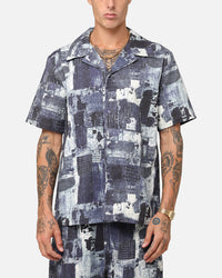 XXIII Printed Denim Patch Button Up Shirt Blue