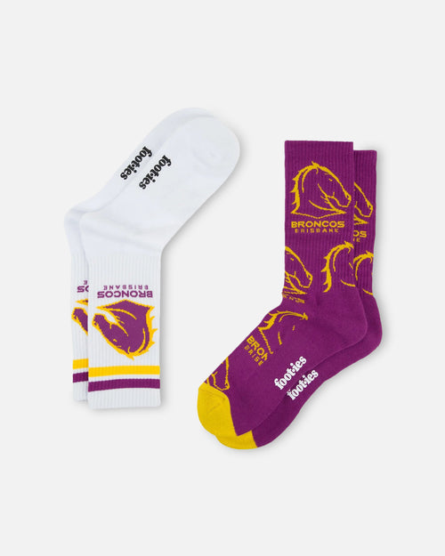 Foot-ies Brisbane Broncos Crew Socks 2 Pack Maroon/White