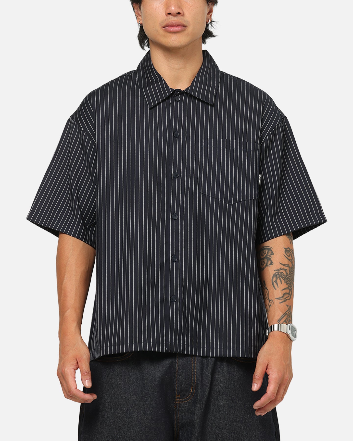 Carre Grid Button Up Shirt Navy Pinstripe | Culture Kings US