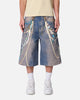 MNML Ultra Baggy Chain Printed Denim Shorts Light Blue