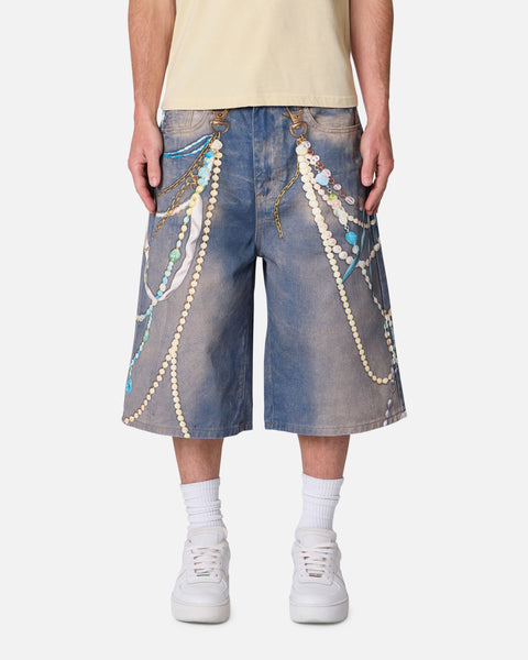 MNML Ultra Baggy Chain Printed Denim Shorts Light Blue | Culture