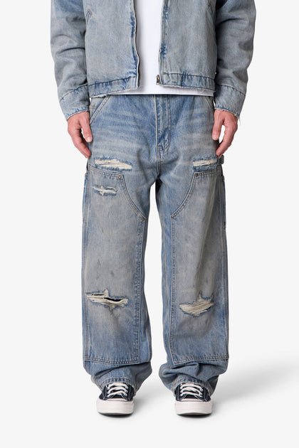 MNML Ultra Baggy Distressed Work Denim Vintage Blue