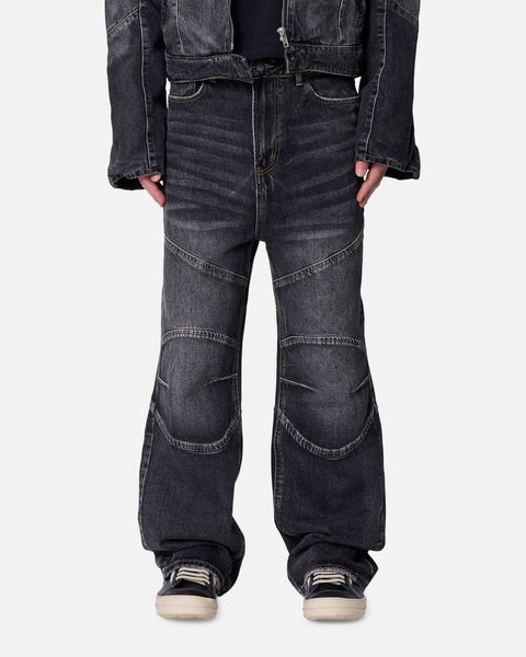 MNML Panelled Moto Denim Jeans Washed Black | Culture Kings US
