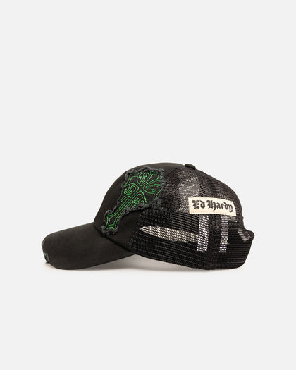 Ed Hardy Euro Distressed Trucker Snapback Black