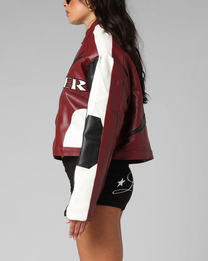 Loiter Women's Engine Cropped Vegan Leather Jacket Red
