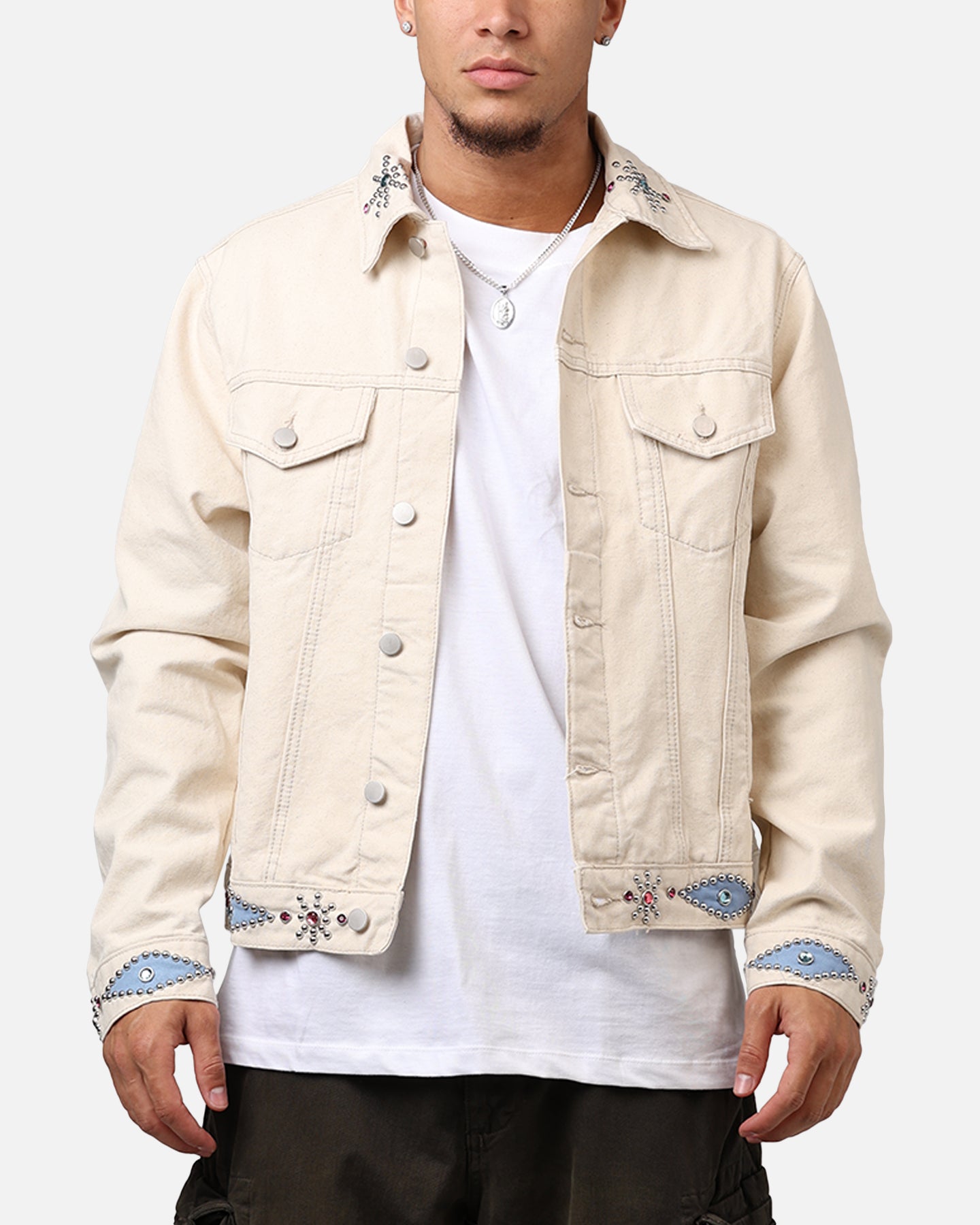 MNML Jewel Studded Trucker Jacket White | Culture Kings US