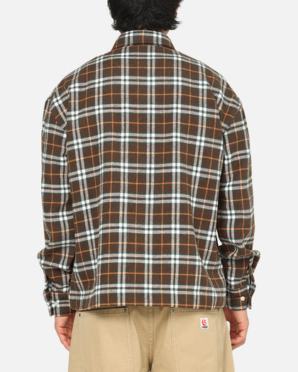 Carre Workwear Long Sleeve Button Up Shirt Brown-Plaid