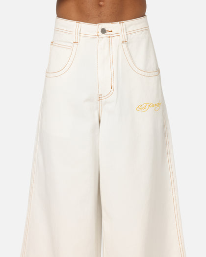 Ed Hardy Ultra Wide Leg Denim Jeans Off White/Yellow