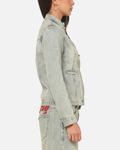 Ed Hardy Women's Vaulted Denim Moto Jacket Vintage Blue