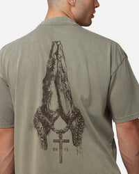 Saint Morta Pray For Me Mock Neck T-Shirt Vintage Khaki