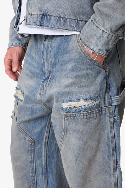 MNML Ultra Baggy Distressed Work Denim Vintage Blue