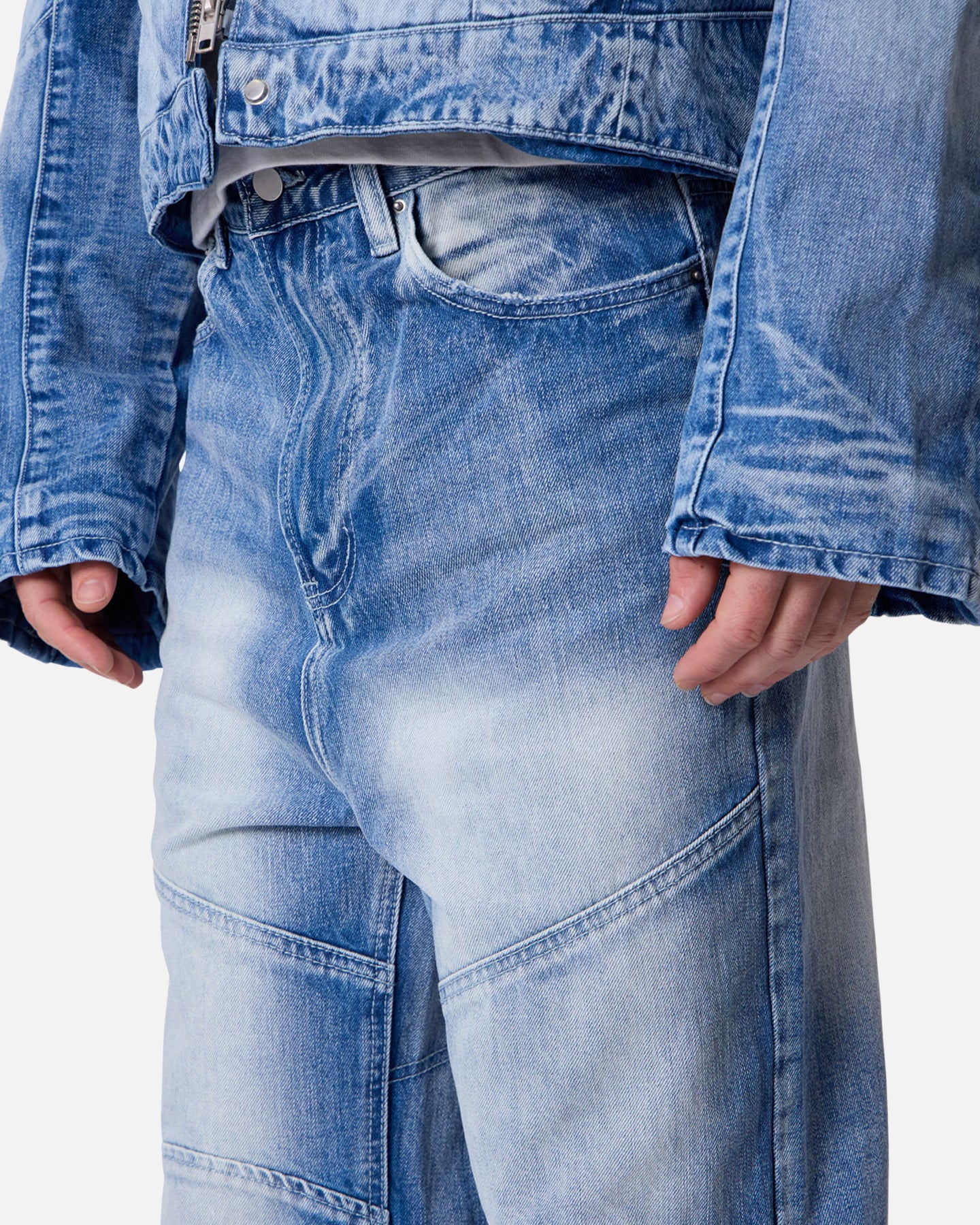 MNML Panelled Moto Denim Jeans Washed Blue | Culture Kings US