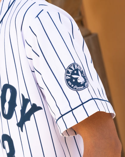 Playboy By Culture Kings Bunny Baseball Shirt Jersey White/Navy