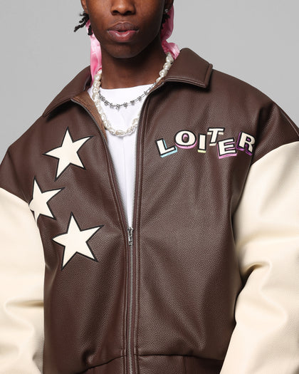 Loiter Solar Vegan Leather Varsity Jacket Brown/Beige