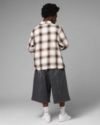 Loiter Heaven Distressed Flannel Button Up Shirt Brown/Beige