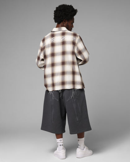 Loiter Heaven Distressed Flannel Button Up Shirt Brown/Beige