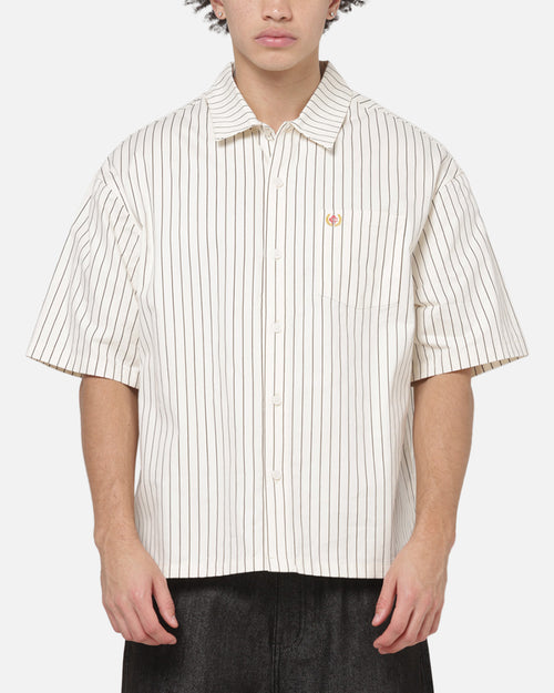 Carre Grid Short Sleeve Button Up Shirt Natural/Brown Pinstripe