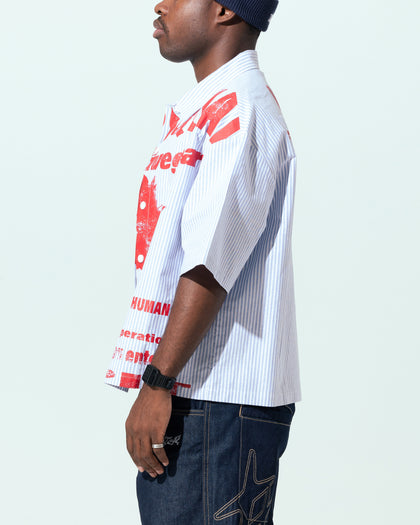 Loiter Riot Squad Button Up T-Shirt Blue Pin Stripe