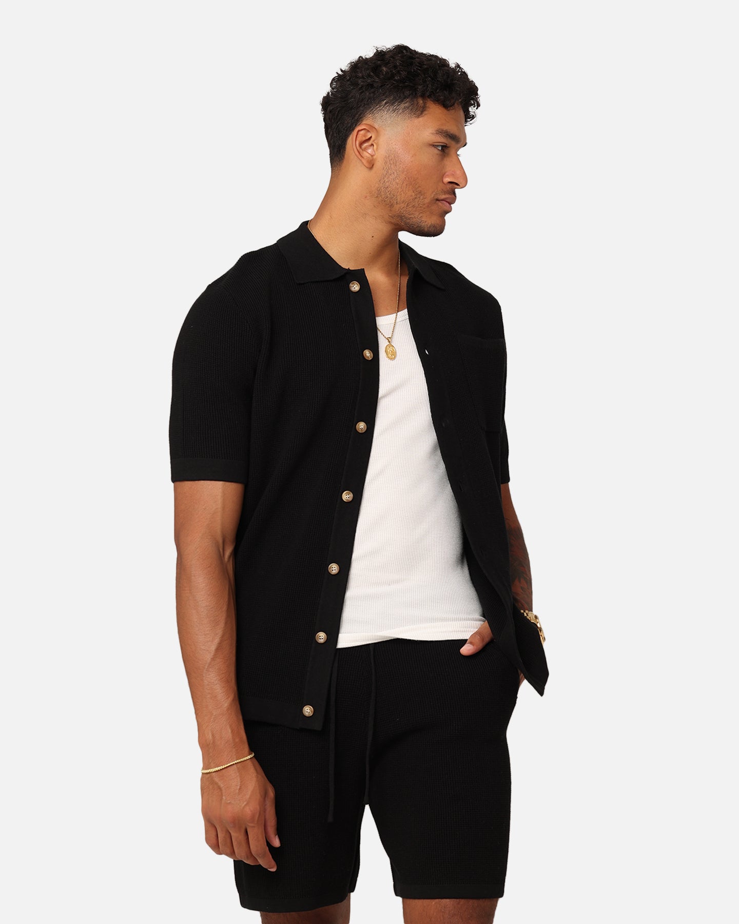 XXIII Zyair Knit Rib Button Up Shirt Black | Culture Kings US